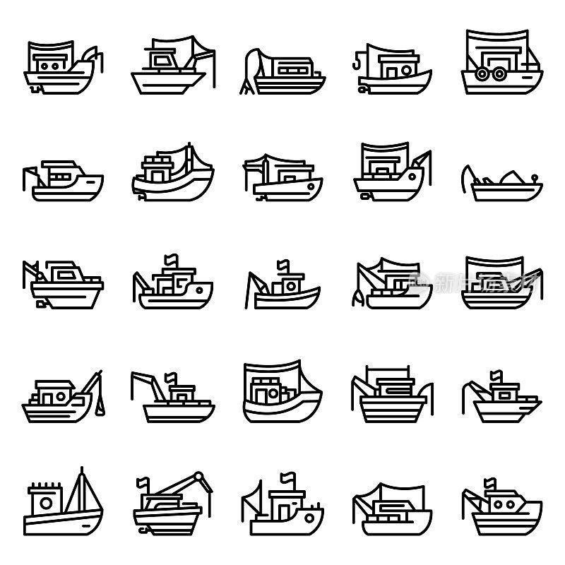 Fishing boat icons set, outline style